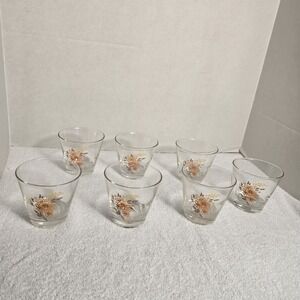 Vtg Libbey MCM Low Ball Tumbler Glass Set of 7 Orange Brown Yellow Flowers #409